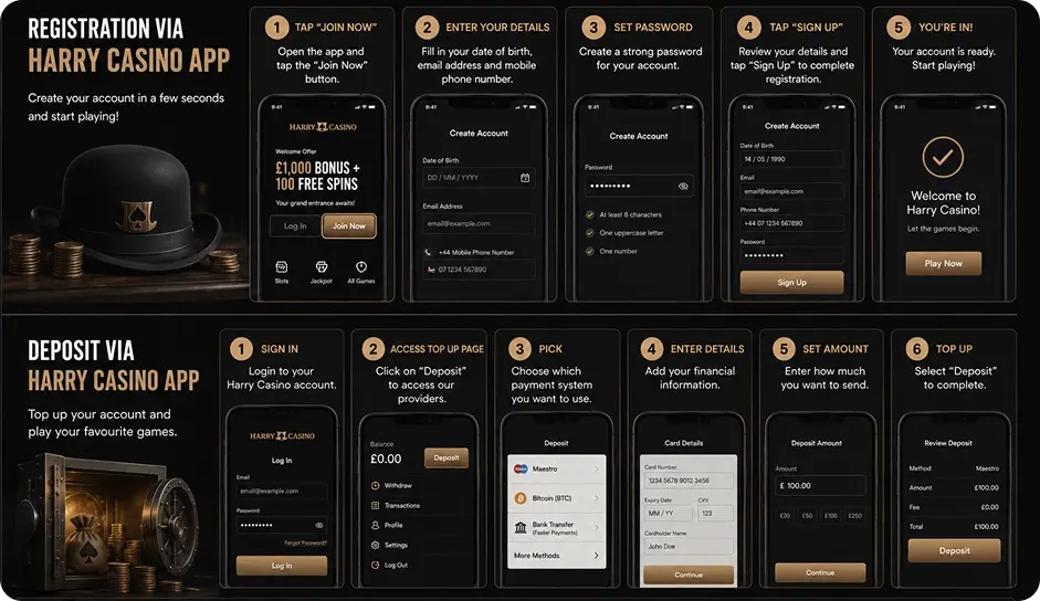 HarryCasino mobile app deposit and sign up